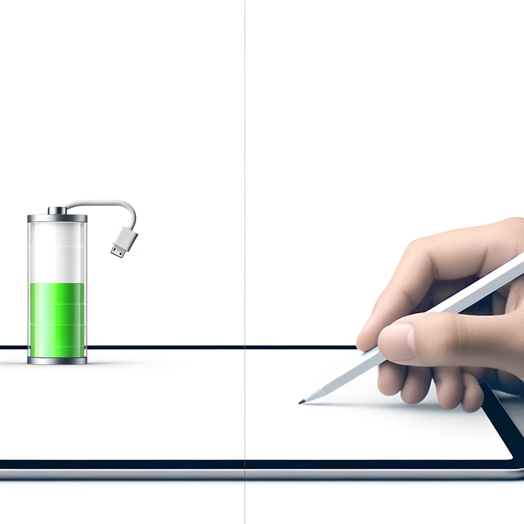Create a simple and visually appealing image that symbolizes the battery life and management of the Apple Pencil 2nd generation. The image should illustrate the long battery life, ease of charging, and how users can effortlessly monitor the battery status. Focus on a minimalist design that conveys the efficiency and convenience of managing the Apple Pencil 2nd generation's battery.