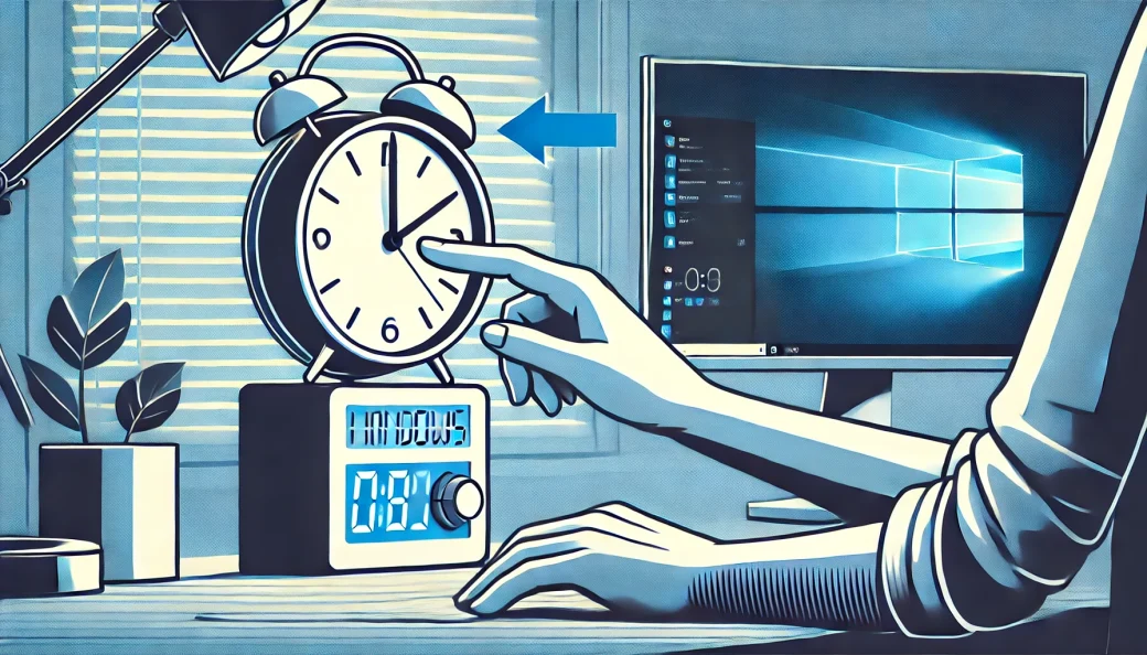 A simple and modern image representing manual time adjustment on a Windows 11 PC. The image should feature a hand adjusting a digital clock, with a clear Windows 11 interface in the background. The focus should be on the action of time adjustment, with clean and uncluttered visuals.